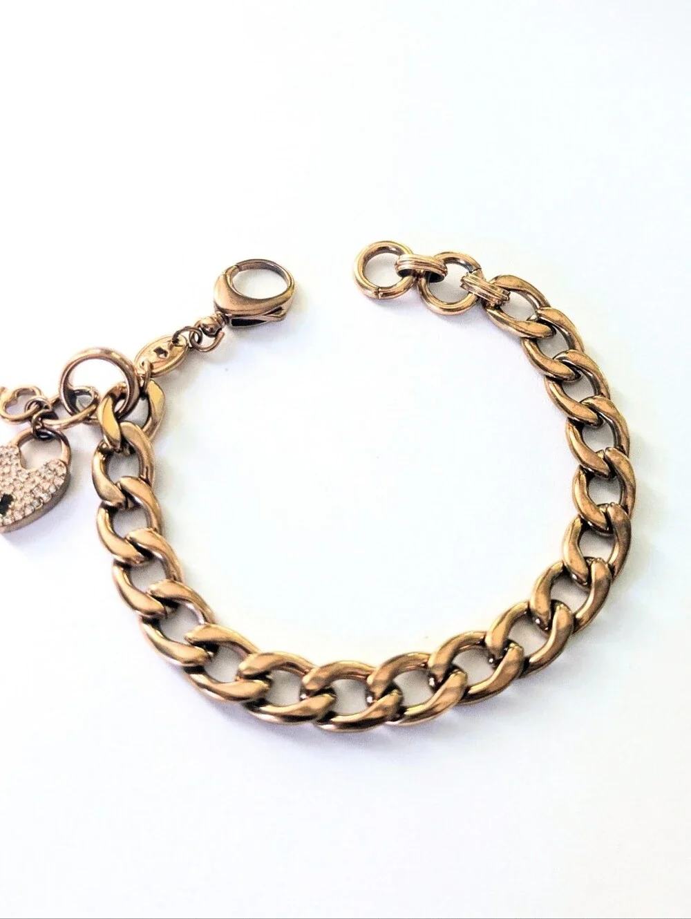 FOSSIL Rose Gold Tone  Pave Crystal Heart & Key Lock Starter Charm Bracelet